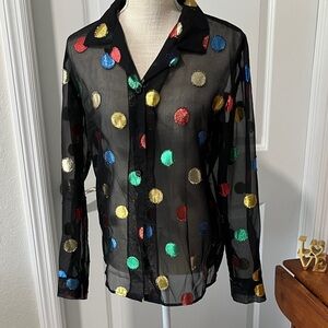 Jan Leslie VTG Black Sheer with Metallic Fringe Polka Dots Perfect for Holidays